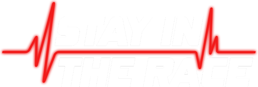 Stay in the Race logo in white text with red waveform lines